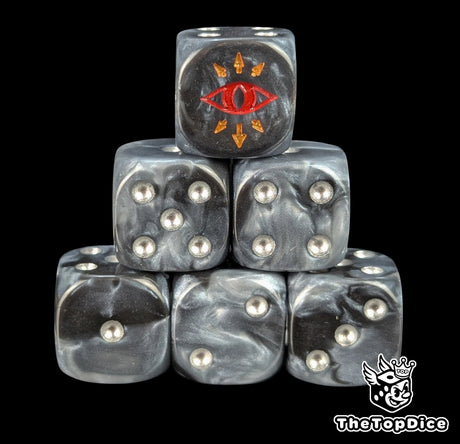 Black and grey 16mm D6 dice with a red traitor eye emblem and silver pips for sci-fi wargaming