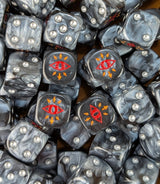 Pile of black traitor eye 16mm D6 dice for a sci-fi chaos army