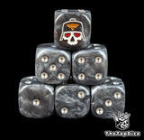 Black 16mm D6 dice with a white masked skull emblem and silver pips for sci-fi wargaming