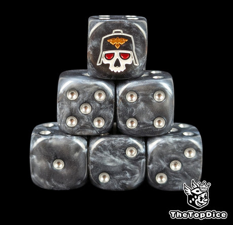 Black 16mm D6 dice with a white masked skull emblem and silver pips for sci-fi wargaming