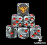 Black 16mm D6 dice with a gold twin eagle emblem and red pips for sci-fi wargaming
