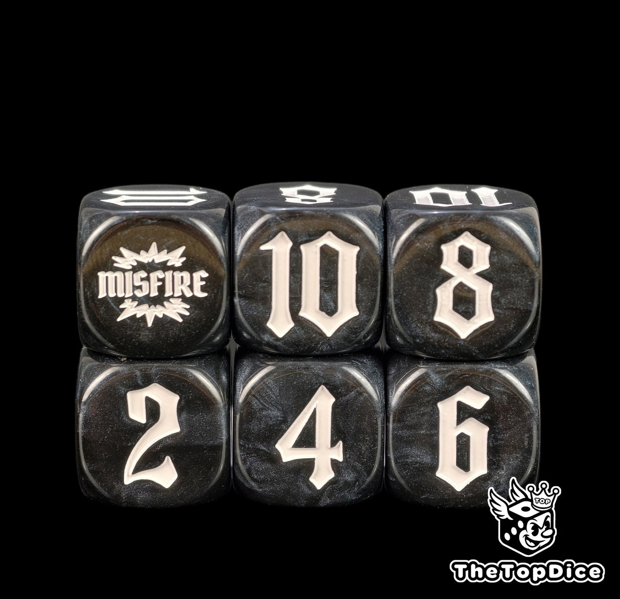 Artillery dice in black arranged three by two, from the 2 up to the MISFIRE burst