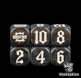 Artillery dice in black arranged three by two, from the 2 up to the MISFIRE burst