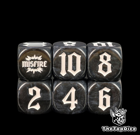 Artillery dice in black arranged three by two, from the 2 up to the MISFIRE burst