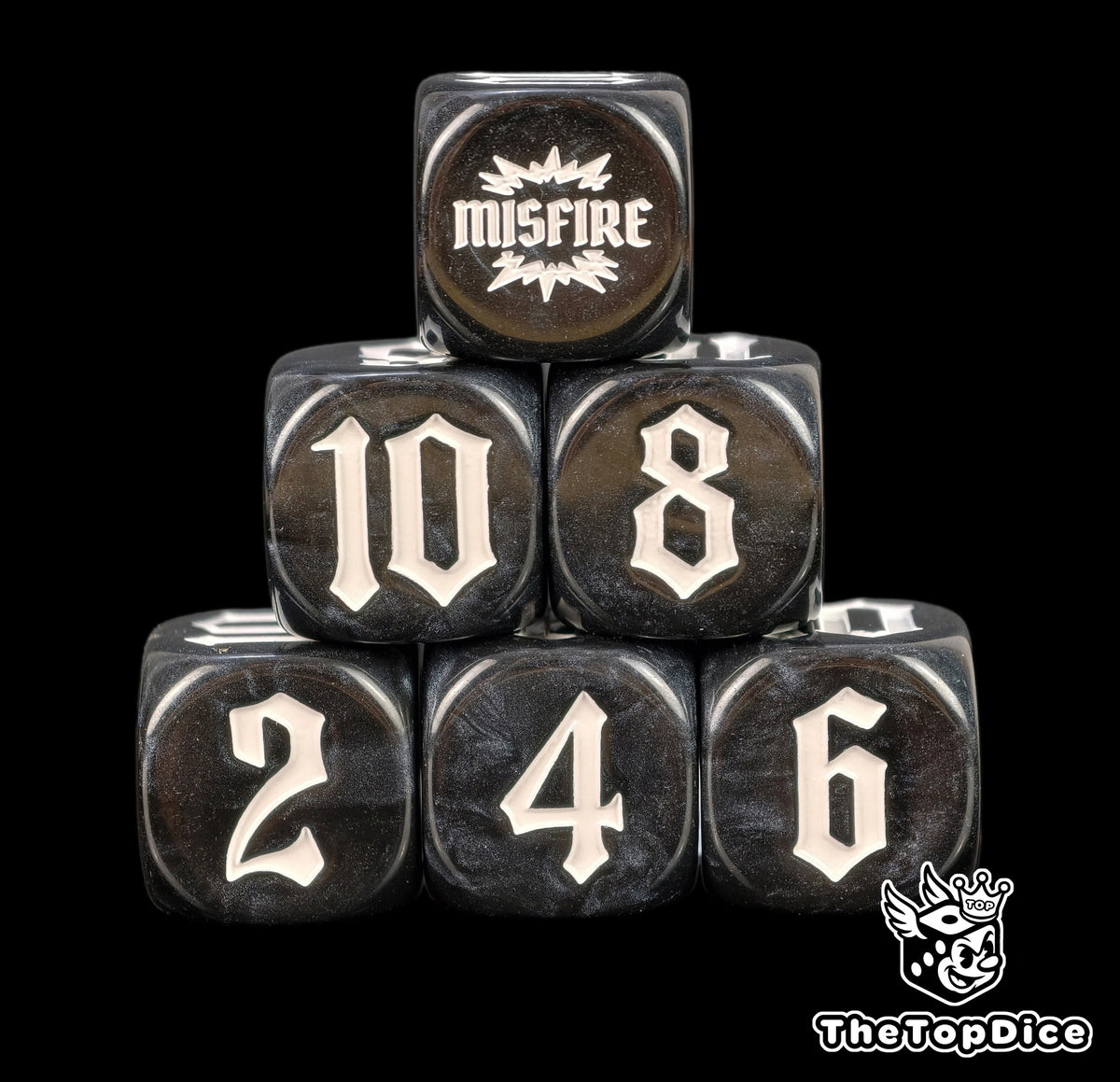 Grey veining under white numbers on six black artillery dice piled three rows deep