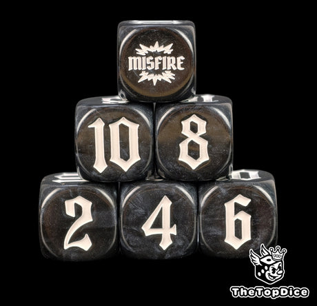 Grey veining under white numbers on six black artillery dice piled three rows deep