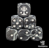 Black and grey 16mm D6 dice with a white tree emblem and silver pips for epic fantasy wargames