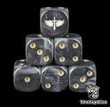Black and grey 16mm D6 dice with a white winged sword emblem and beige pips for sci-fi wargaming