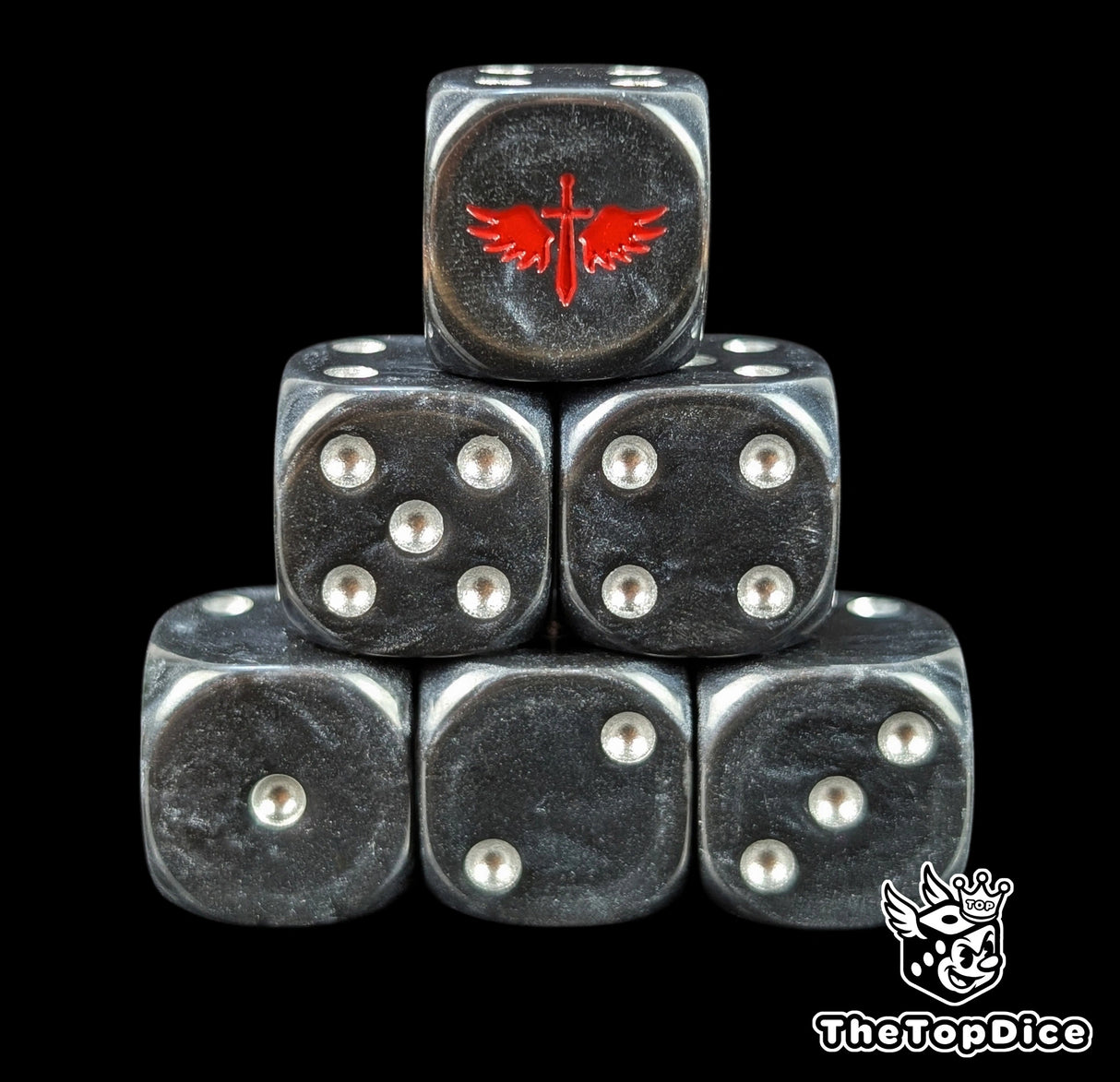 Black 16mm D6 dice with a red winged sword emblem and silver pips for sci-fi wargaming