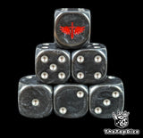 Black 16mm D6 dice with a red winged sword emblem and silver pips for sci-fi wargaming