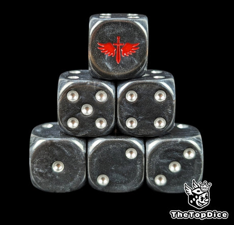 Black 16mm D6 dice with a red winged sword emblem and silver pips for sci-fi wargaming