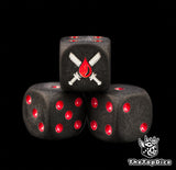 Close up of the silver chainswords and red blood drop engraved and hand filled on a black Blood Angels 16mm D6 die
