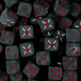 Pile of matte black Blood Angels Death Company dice with red pips and silver chainswords over a blood drop