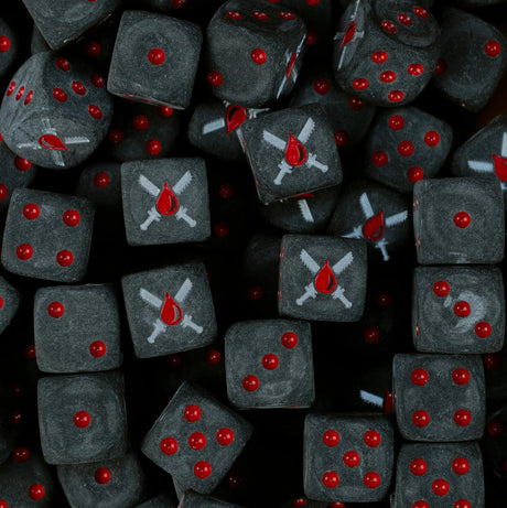Pile of matte black Blood Angels Death Company dice with red pips and silver chainswords over a blood drop