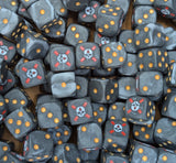 Pile of marbled grey Death Company dice with gold pips and white skulls on red crosses