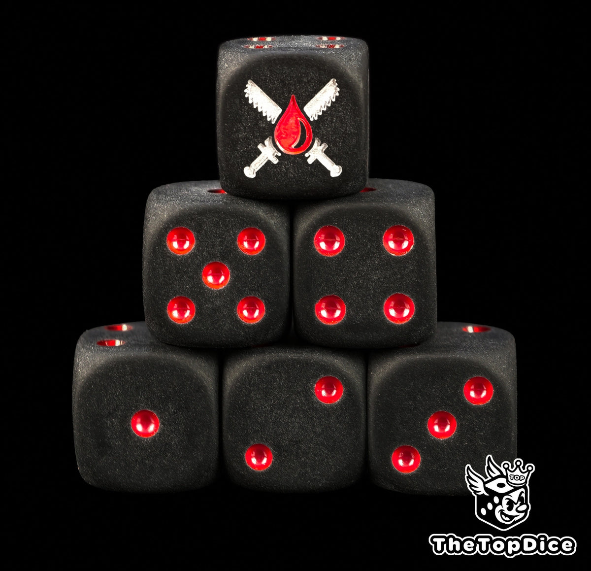 Blood Angels Death Company dice, matte black 16mm resin D6 with red pips and silver crossed chainswords over a blood drop, stacked in a pyramid