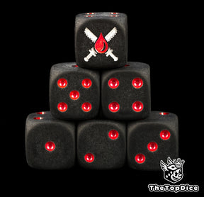Blood Angels Death Company dice, matte black 16mm resin D6 with red pips and silver crossed chainswords over a blood drop, stacked in a pyramid
