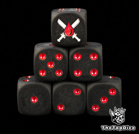 Blood Angels Death Company dice, matte black 16mm resin D6 with red pips and silver crossed chainswords over a blood drop, stacked in a pyramid
