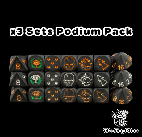 Podium pack of three trophy Blood Bowl dice sets in rows, gold first, silver second and bronze third place with block dice