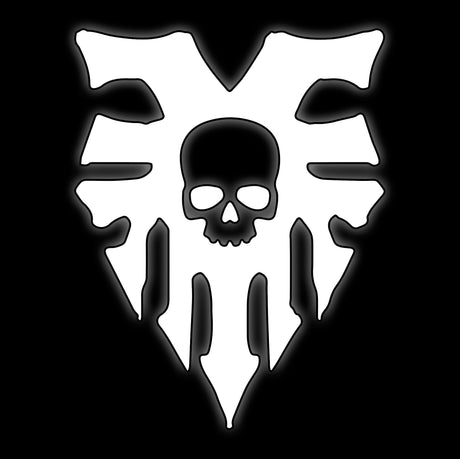 Skull set in a bladed rune shield, white on black, tile for blood cult fantasy 16mm wargame dice