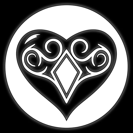 Scrolled heart emblem inside a white circle on black, tile for blood daughter elf 16mm dice