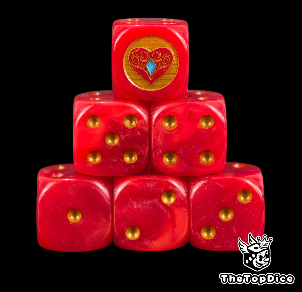 Six blood red Daughters of Khaine D6 stacked, a gold heart and gem