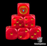 Six blood red Daughters of Khaine D6 stacked, a gold heart and gem