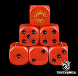 Red 16mm D6 dice with a gold toothed maw emblem and black pips for sci-fi wargaming