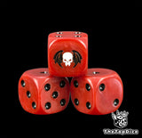 Three blood red ghoul dice with a white skull on black wings