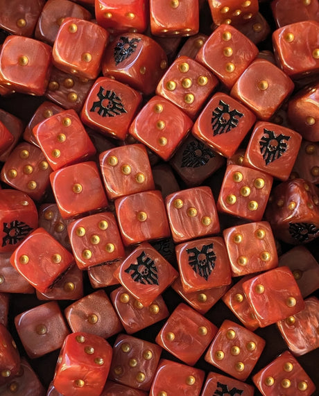 Pile of red 16mm D6 dice with black skulls for a sci-fi blood army