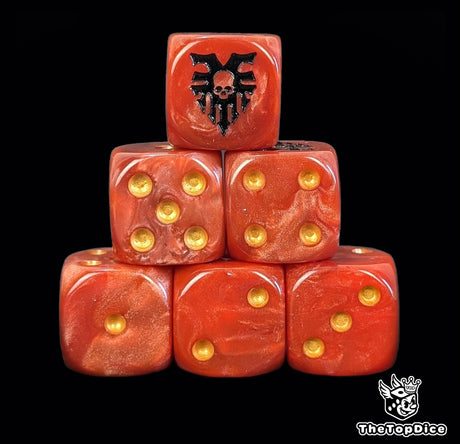Red 16mm D6 dice with a black skull emblem and gold pips for sci-fi wargaming