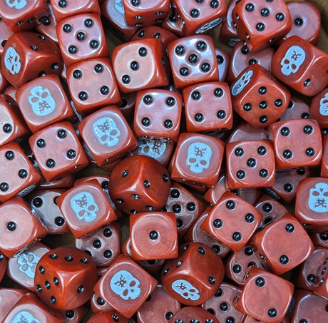 Pile of red blood skull 16mm D6 dice for a fantasy blood god army