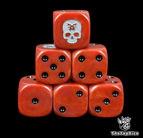 Red 16mm D6 dice with a bone white skull rune emblem and black pips for fantasy wargaming