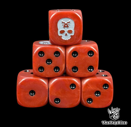 Red 16mm D6 dice with a bone white skull rune emblem and black pips for fantasy wargaming