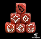 Close up of three blood red 16mm block dice with black pips for resolving blocks