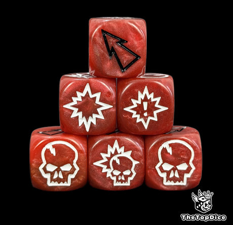 Close up of three blood red 16mm block dice with black pips for resolving blocks