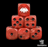 Close up of two blood red D6 with a white winged skull logo on the six face for fantasy football