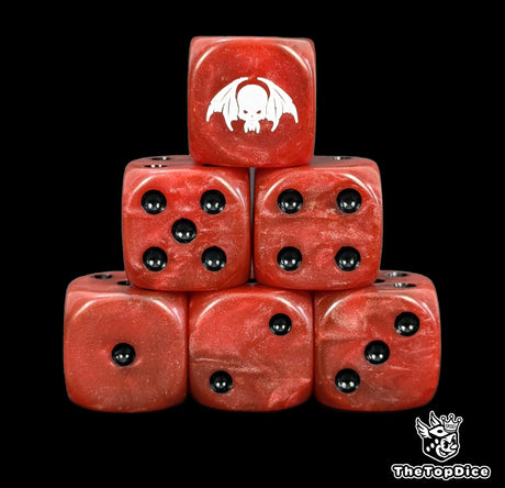 Close up of two blood red D6 with a white winged skull logo on the six face for fantasy football