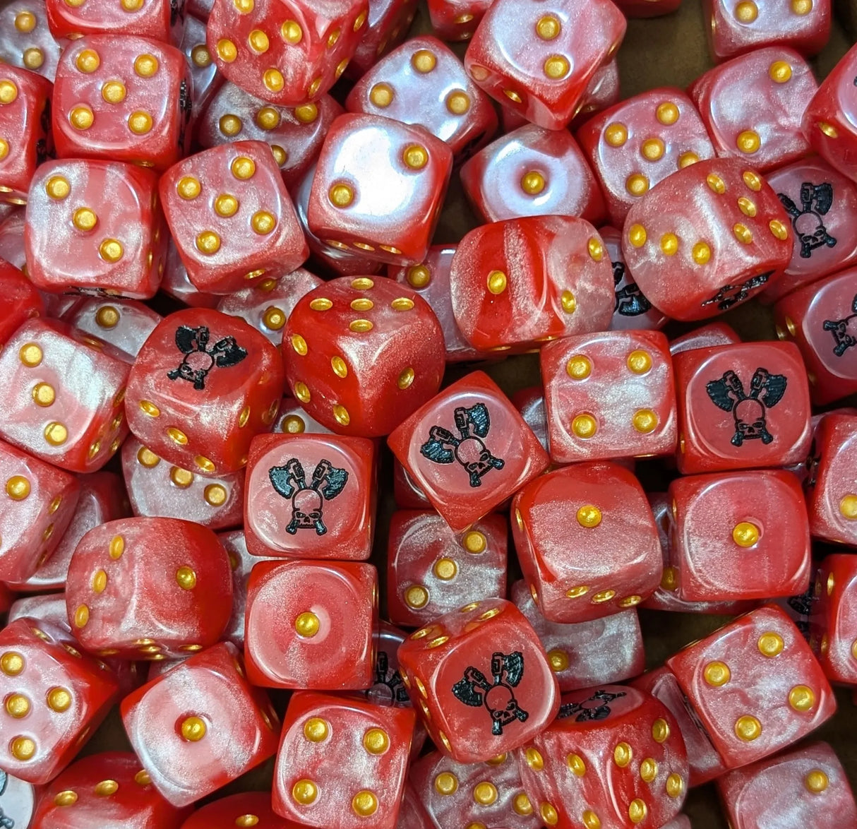 Pile of red axe skull 16mm D6 dice for a sci-fi berserker army