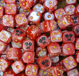 Pile of red axe skull 16mm D6 dice for a sci-fi berserker army