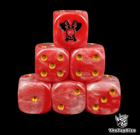 Red 16mm D6 dice with a skull and crossed axes emblem and gold pips for sci-fi wargaming
