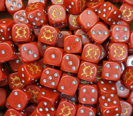 Full tray of red Bloodfang Berserkers D6 dice for tabletop wargaming and RPGs