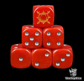 Red 16mm resin D6 dice with gold fanged jaw emblem and silver pips, hand painted for sci-fi berserker armies and tabletop wargaming