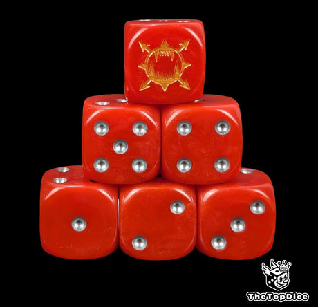 Red 16mm resin D6 dice with gold fanged jaw emblem and silver pips, hand painted for sci-fi berserker armies and tabletop wargaming