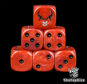Red resin D6 dice with a horned blood daemon face and black pips for fantasy armies