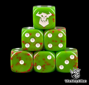 Six blood flecked green orc D6 stacked, white pips and an Ork skull
