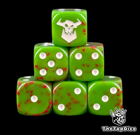 Six blood flecked green orc D6 stacked, white pips and an Ork skull