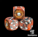 Close-up of a red and black berserker D6 die with a gold skull jaw