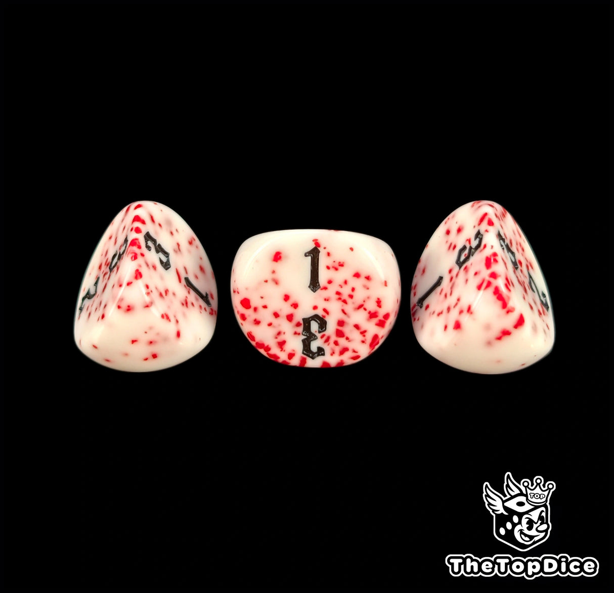 Three bloodspatter 16mm D3 dice in close up, numbers inked in black