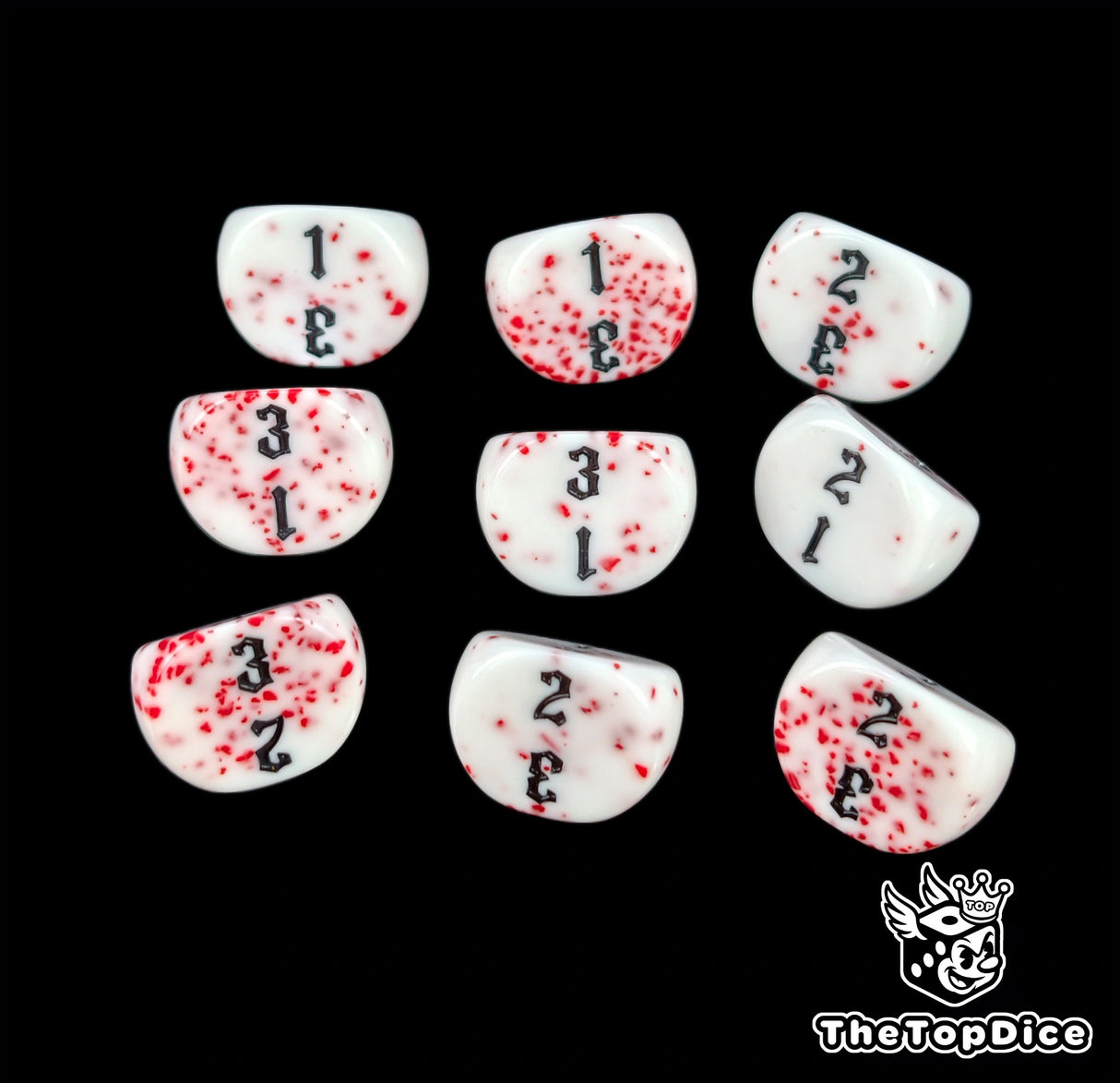 Red flecks across nine white D3 dice, laid out three by three